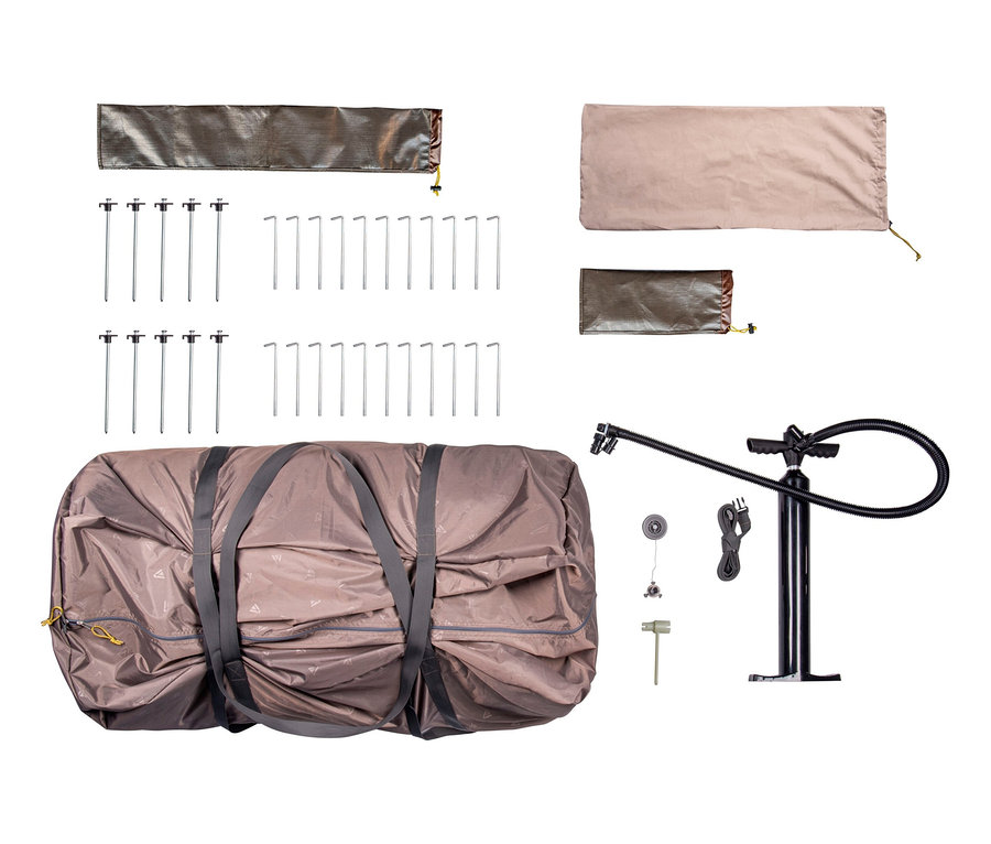 Ein Zeltpaket und Zubehör, inklusive Heringe, Pumpe und Taschen. Tambu Luft-Busvorzelt BISALA Van.