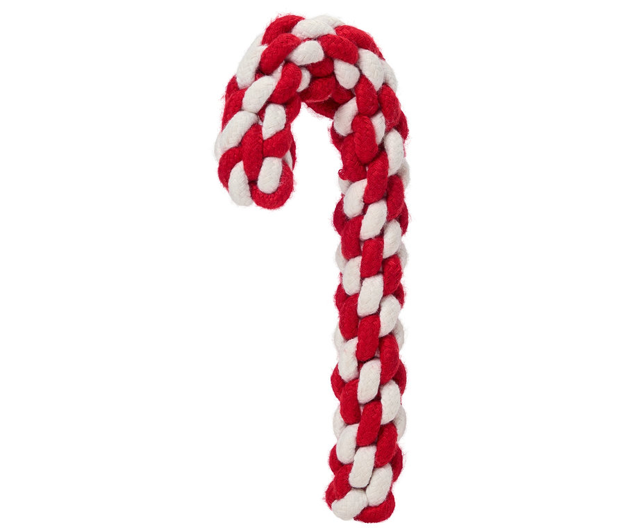 Rot-weißes Seil-Hundespielzeug in Form eines Zuckerstabs auf weißem Hintergrund.