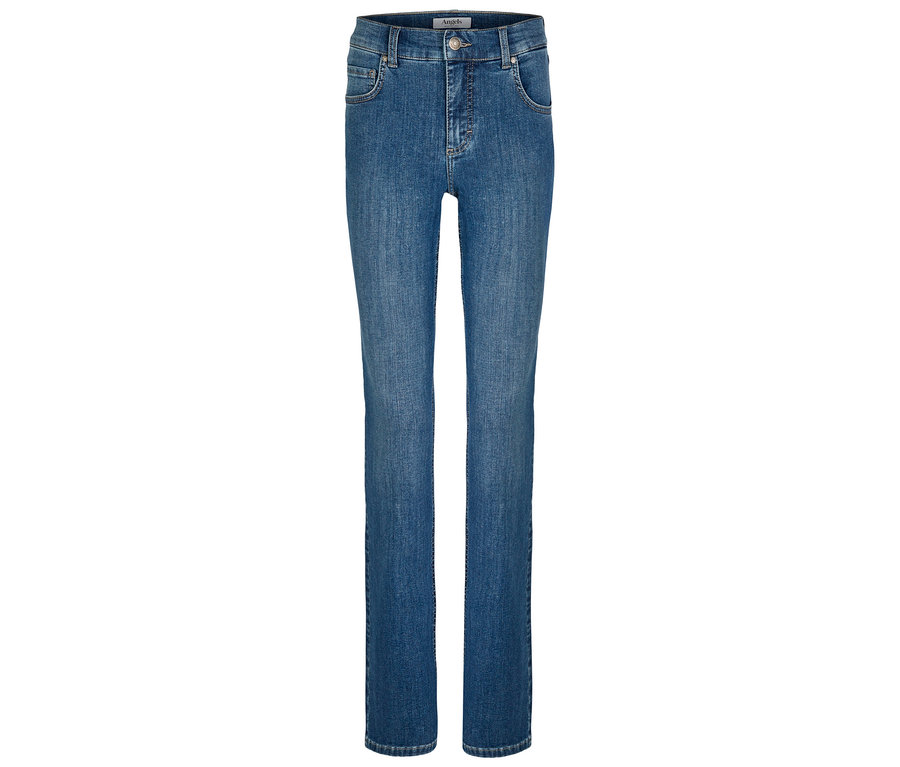 Eine blaue Jeans mit geradem Schnitt.