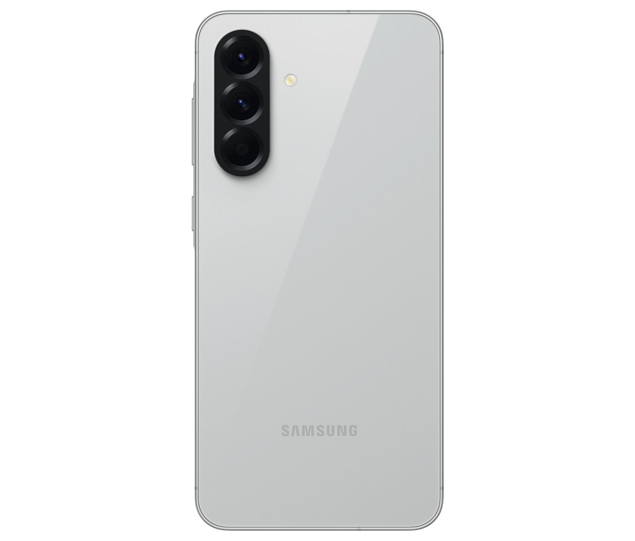 Rückseite eines hellgrauen Samsung Galaxy A56 5G Telefons mit Dreifach-Kameraobjektiv.