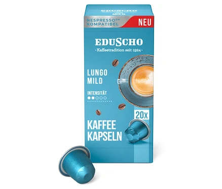Eine Packung Eduscho Lungo Mild - 100 Kapseln und eine einzelne Kapsel daneben.