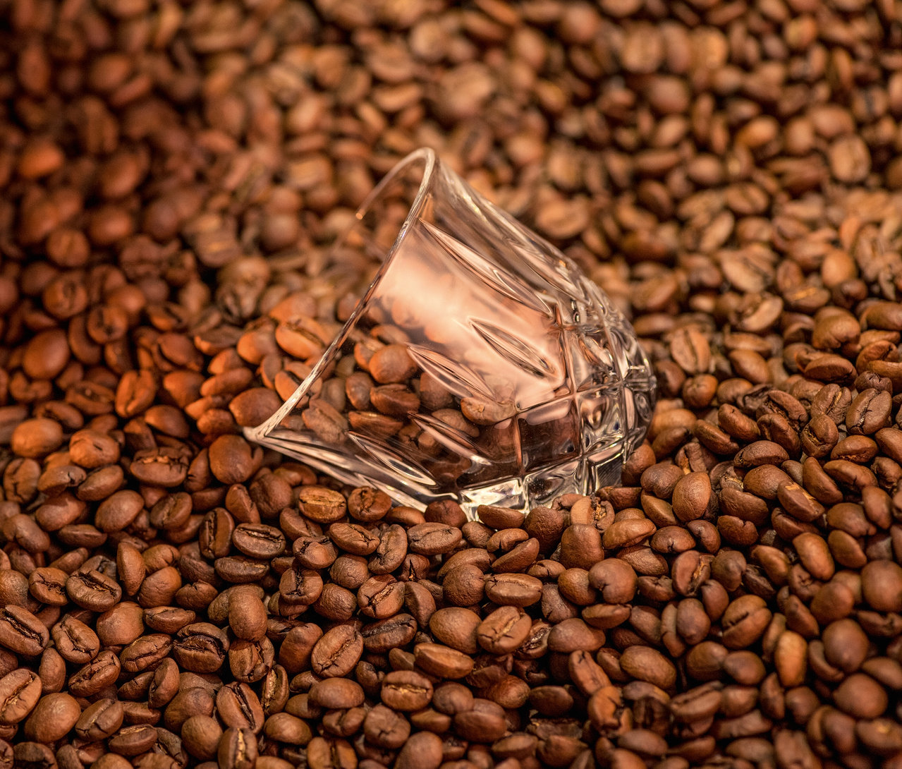 Ein umgekipptes, transparentes Nachtmann Espressoglas »Noblesse« liegt auf Kaffeebohnen.