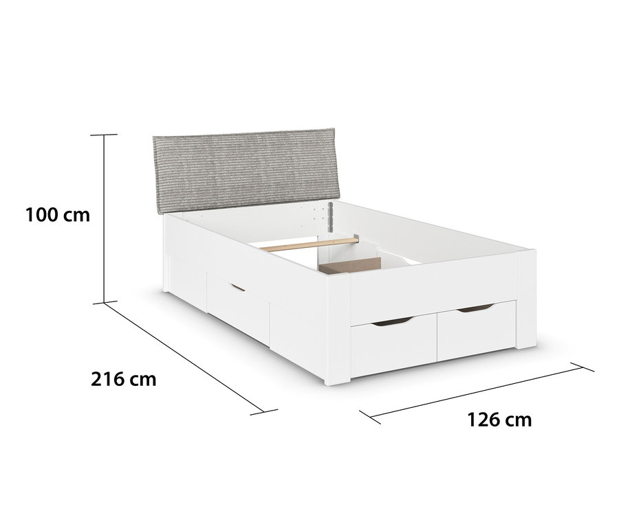 Weißes Bettgestell mit grauem Kopfteil und Schubladen. Die Abmessungen sind mit Linien und Zahlen dargestellt.