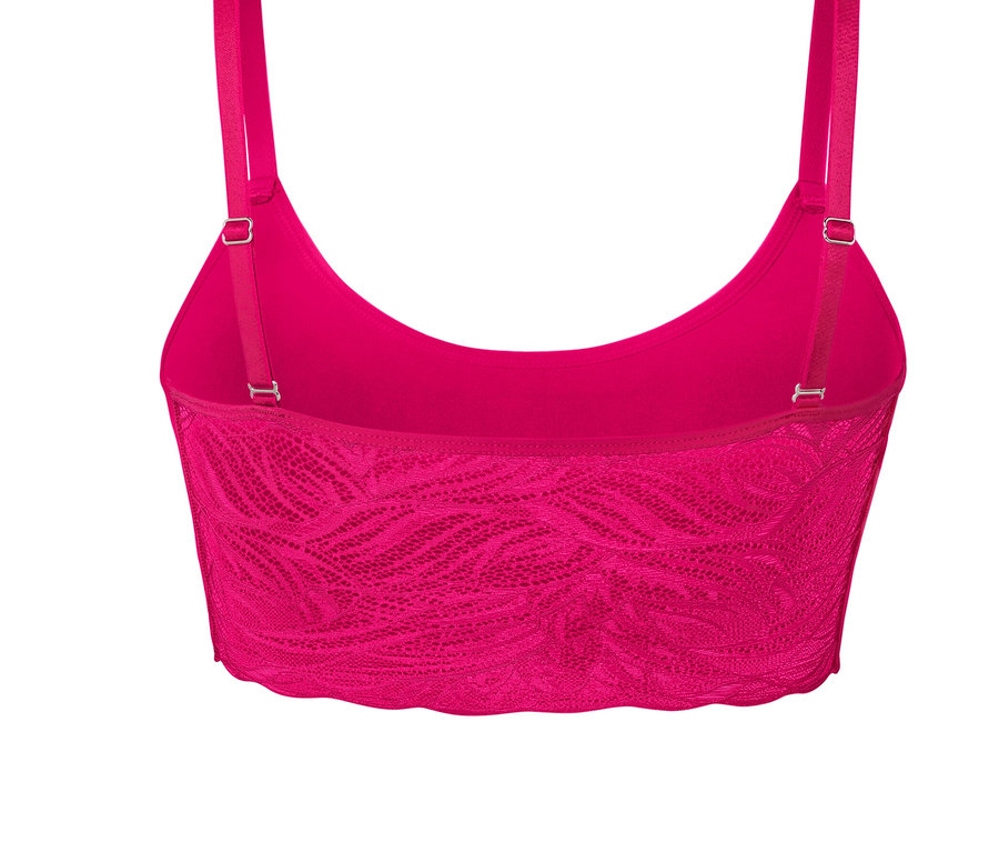 Detailansicht eines fuchsiafarbenen Seamless-Bustiers mit Spitze.