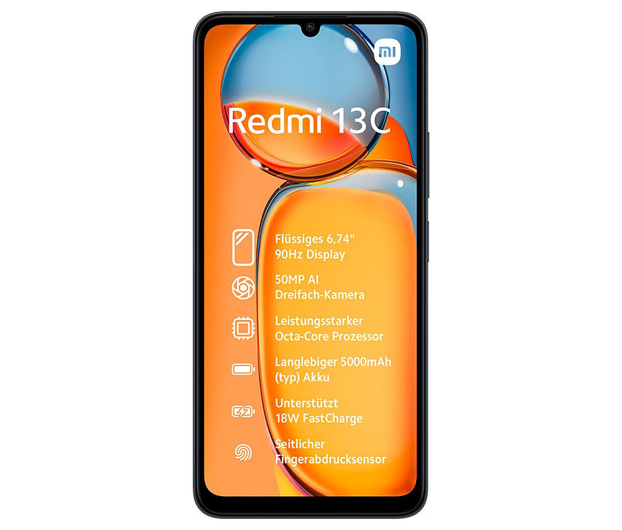 Schwarzes Xiaomi Redmi 13C Smartphone mit orangefarbener Grafik auf dem Display.