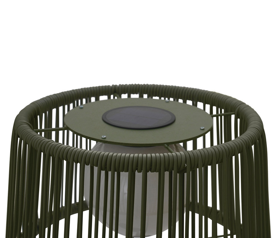 Detailansicht der grünen Leco Solar Stehleuchte mit integriertem Tisch.