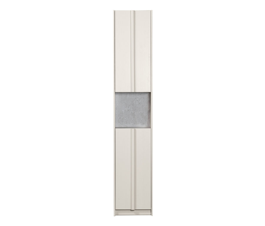 Ein schmaler, weißer Woood Schrank »Basu« kiefer dust mit einem grauen Regal in der Mitte.