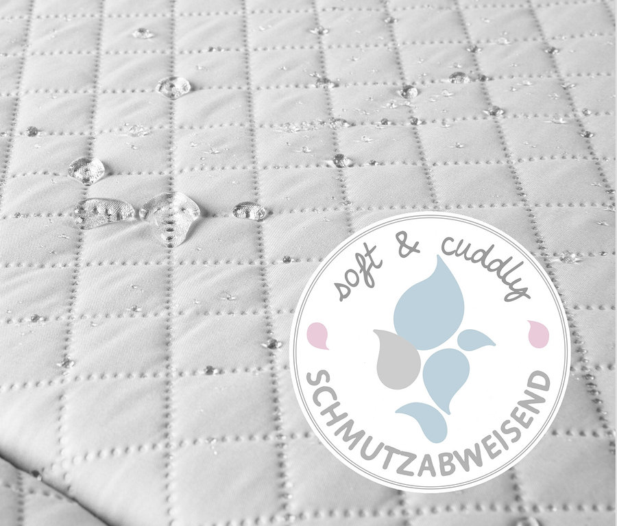 Detailansicht einer weißen, gesteppten Krabbeldecke mit Wassertropfen und dem Logo "soft & cuddly schmutzabweisend".