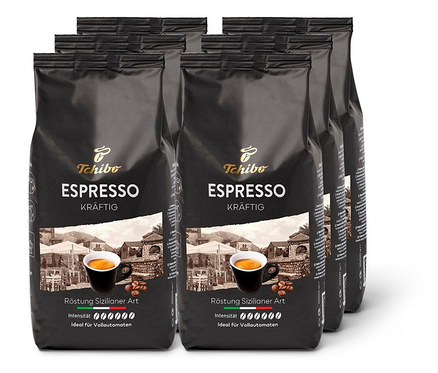 Mehrere schwarze Packungen Espresso Kräftig - 6x 1 kg Ganze Bohne.