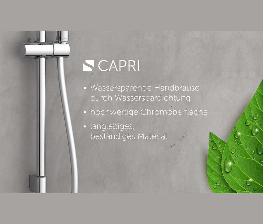 Ein verchromtes Brausestangen-Set »CAPRI« vor grauem Hintergrund.