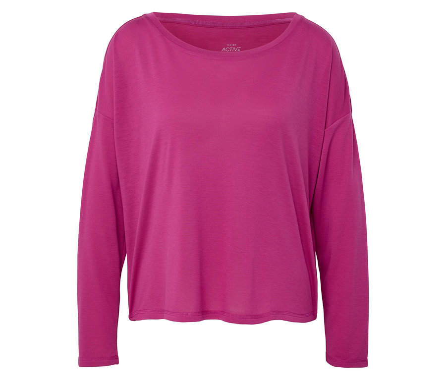 Detailansicht eines violetten, langärmligen Sportoberteils.