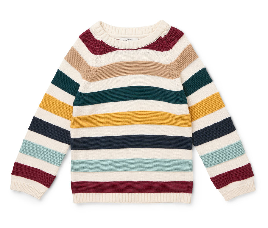 Gestreifter Strickpullover mit bunten horizontalen Streifen.