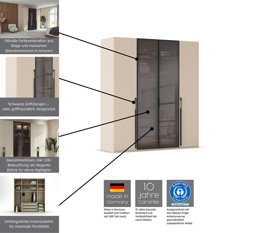 Beiger Schrank mit schwarzen Glastüren und schwarzen Griffen.