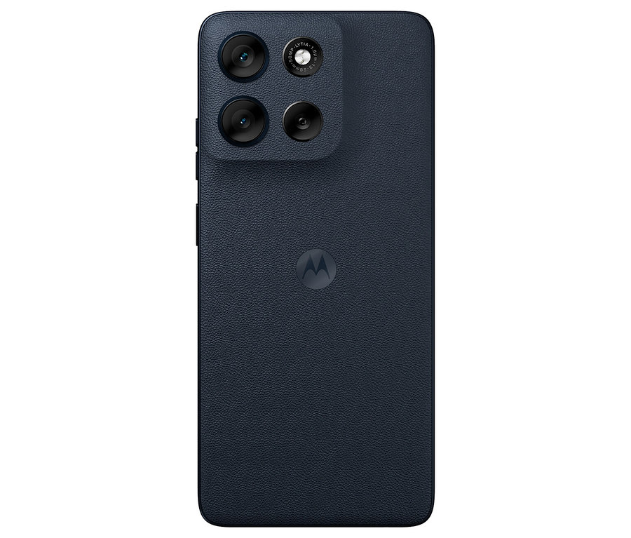 Detailansicht der Rückseite eines schwarzen Motorola-Telefons mit Vierfach-Kameraobjektiv und Motorola-Logo. Zu sehen ist das Motorola moto g56 5G 256 GB in Schwarz.