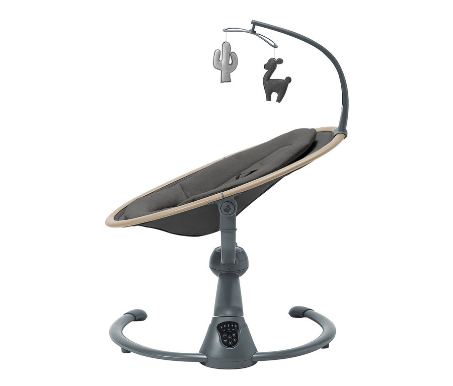 Graue Maxi-Cosi Elektrische Schaukel »Cassia« mit Kaktus- und Lama-Spielzeugen.