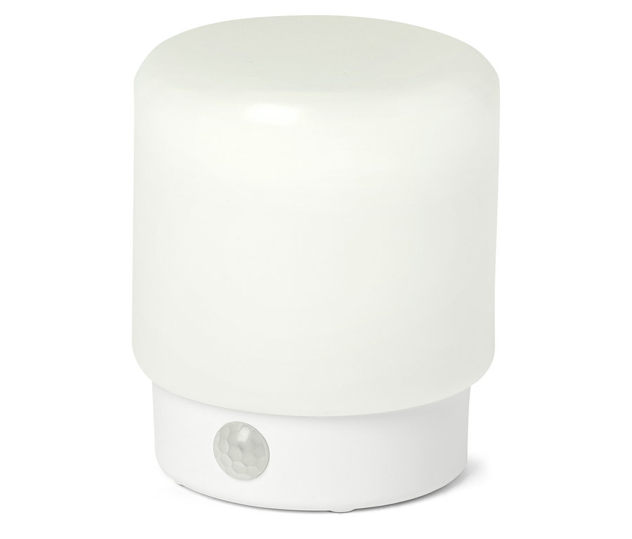 Ein weißes LED-Mini-Multifunktionslicht mit Bewegungsmelder.