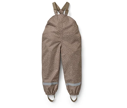 Braune Latzhose mit weißen Tropfen, reflektierenden Streifen und elastischen Stiefelschlaufen.