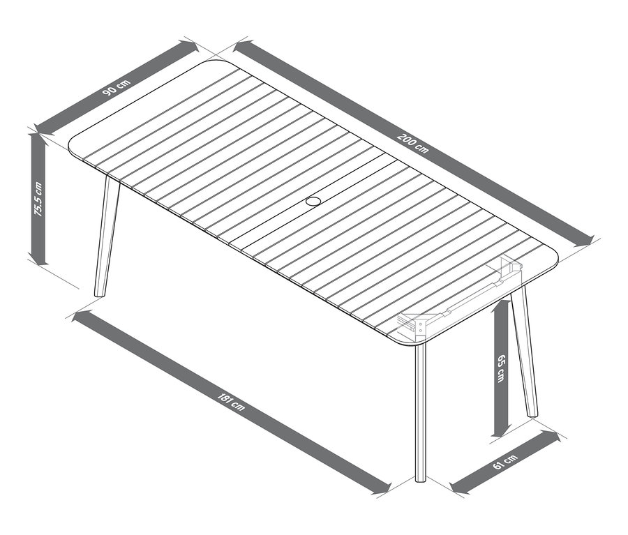Zeichnung eines doppelt ausziehbaren Teak-Tisches mit Maßangaben.