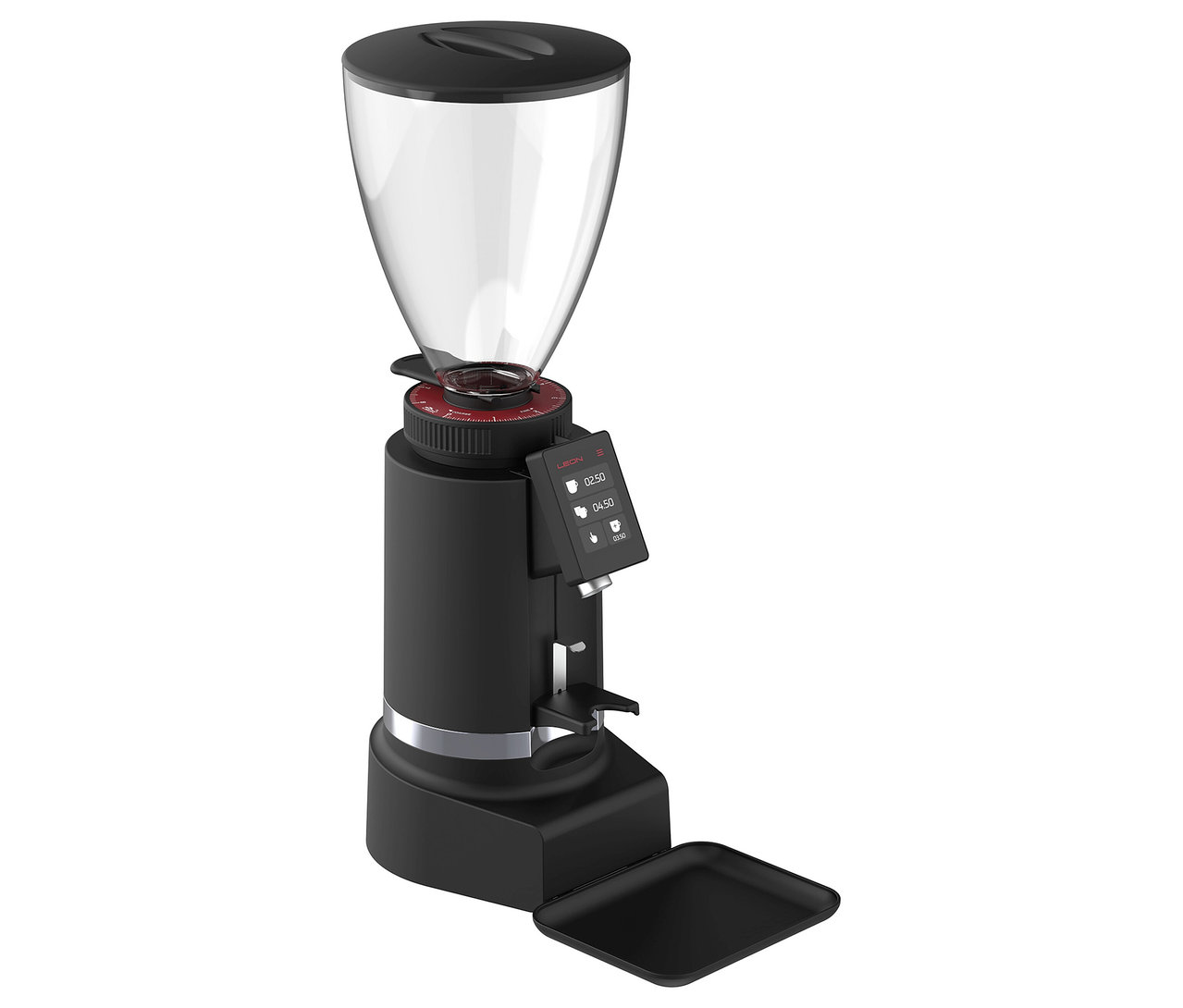 Eine schwarze Kaffeemühle mit einem transparenten Behälter oben und einem kleinen Bildschirm.