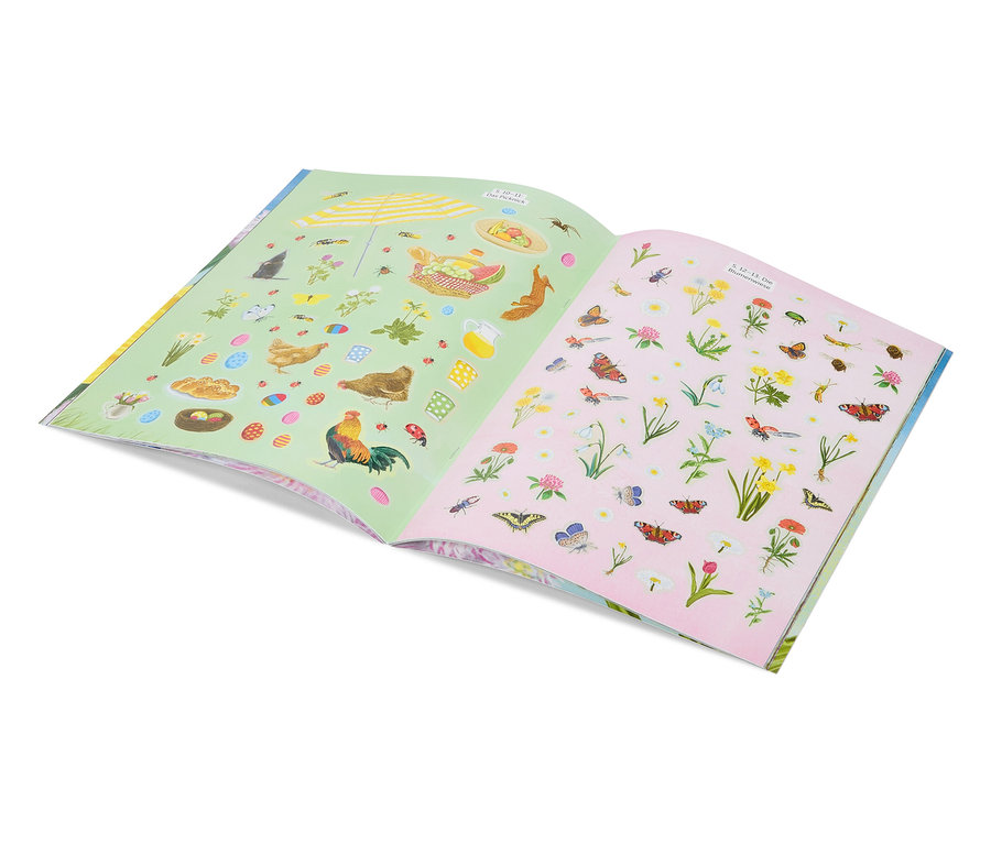 Aufgeschlagenes Stickerbuch mit Illustrationen zum Thema Ostern und Frühling.