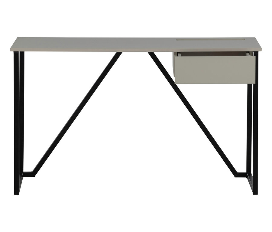 Grauer Schreibtisch mit schwarzem Metallgestell und offener Schublade.