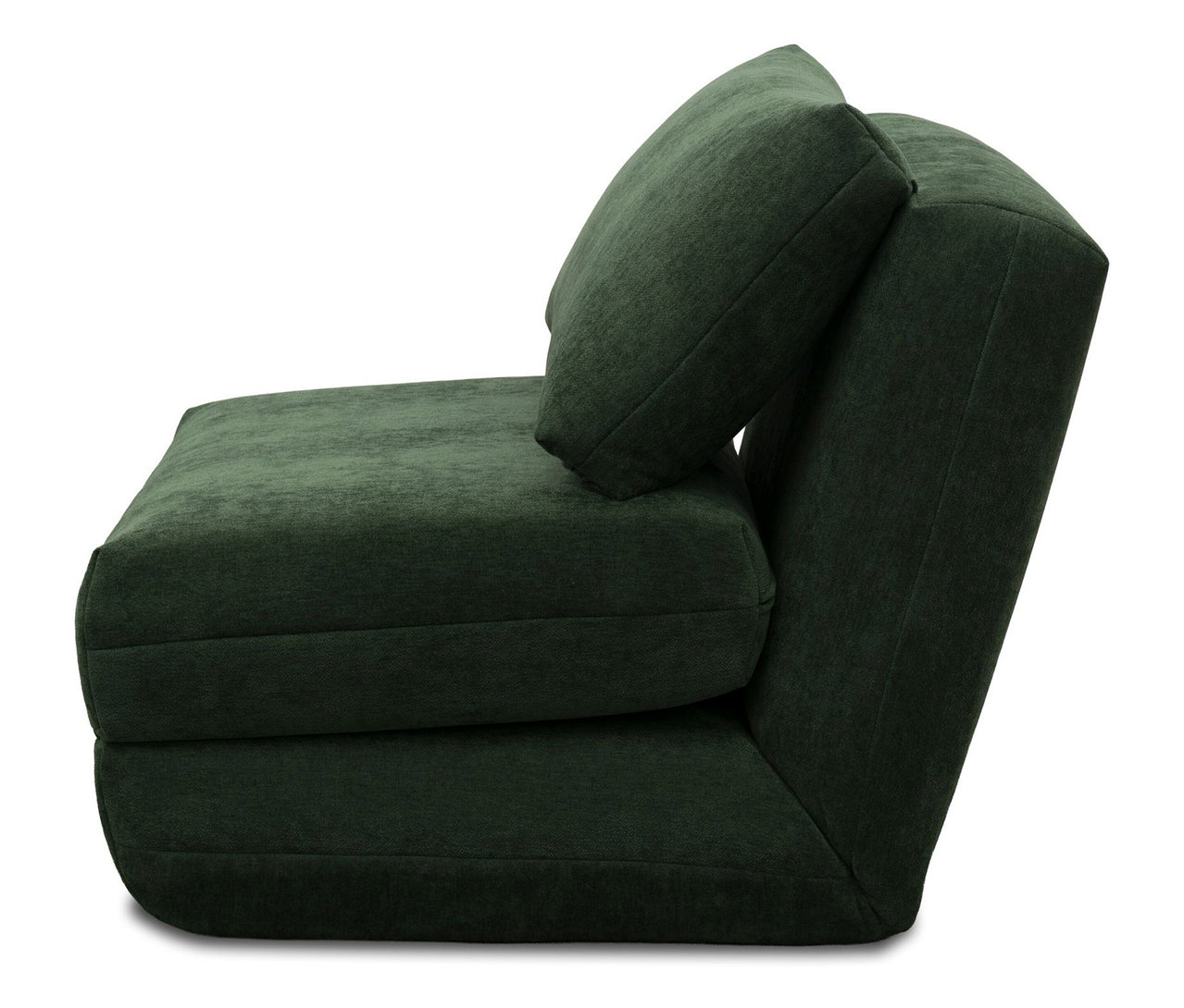 Ein grünes Klappsofa mit einem Kissen darauf.