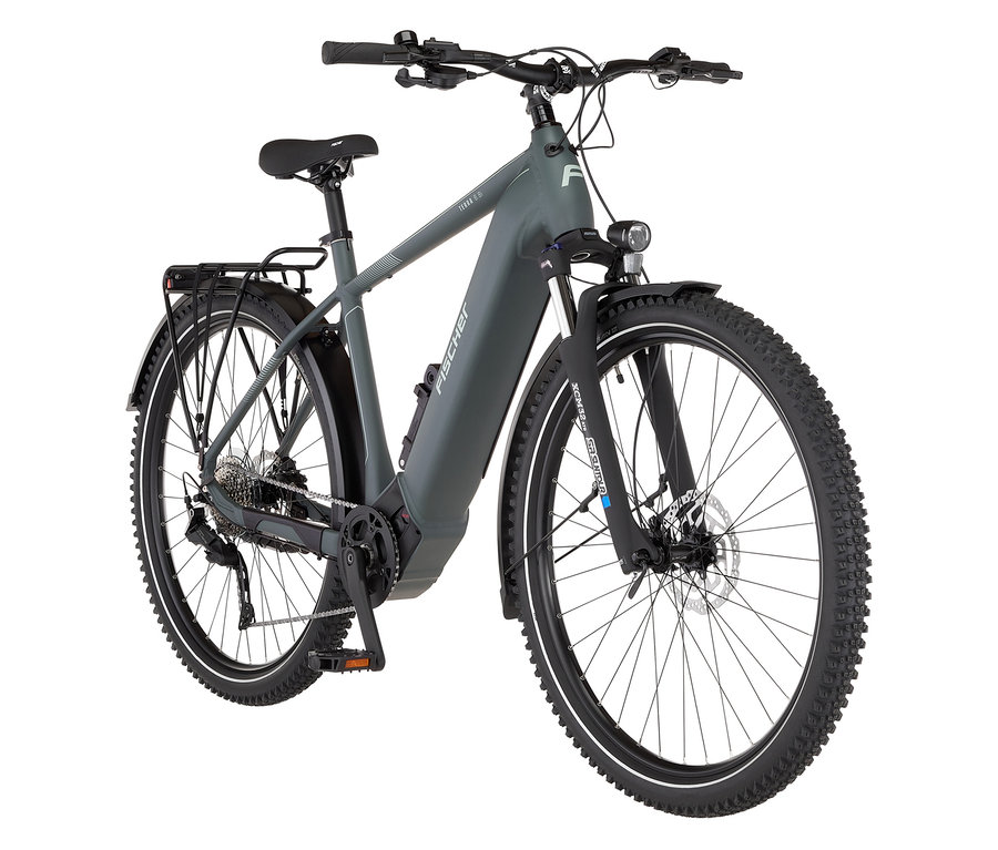 Graues FISCHER ATB E-Bike TERRA 6.8i ULTIMATE, 55 cm, mit Diamant Rahmen steht auf einem weißen Hintergrund.