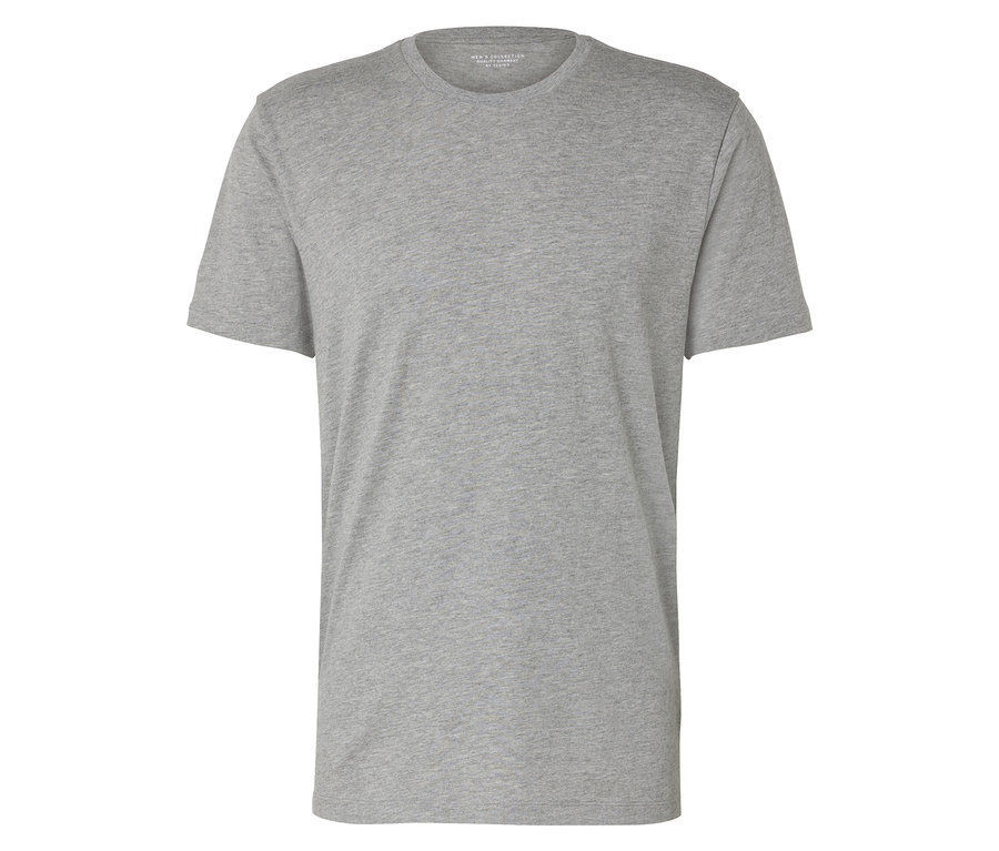 Graues T-Shirt mit Rundhalsausschnitt, flach ausgelegt.