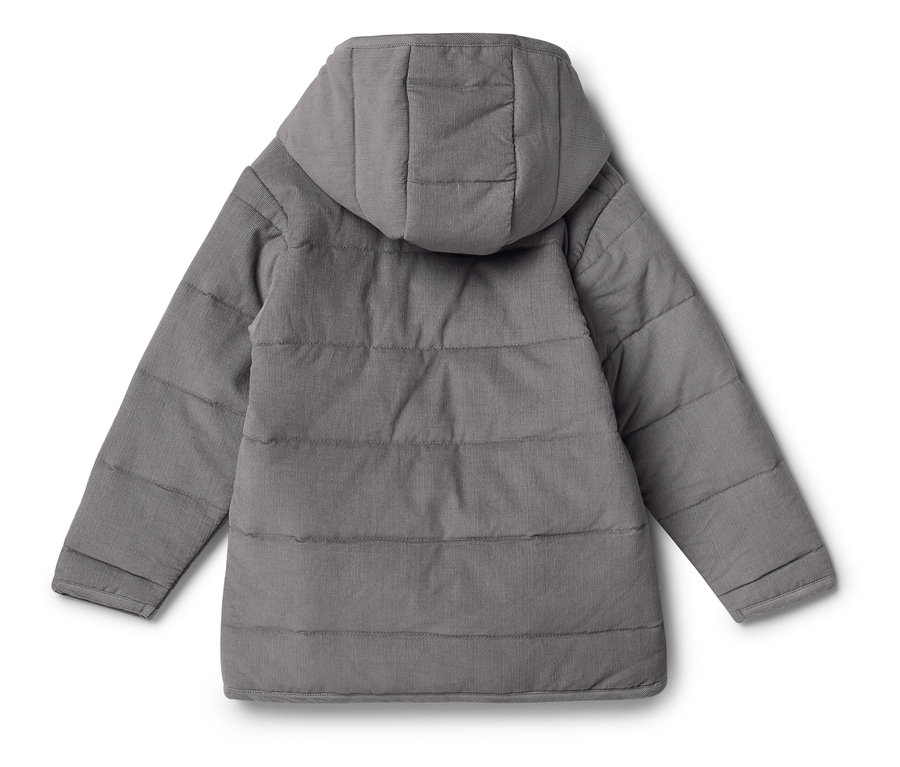 Graue, gesteppte Jacke mit Kapuze, von hinten aufgenommen.