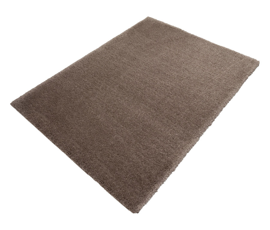 Ein taupefarbener Teppich »Pleasure« liegt auf einem weißen Untergrund.