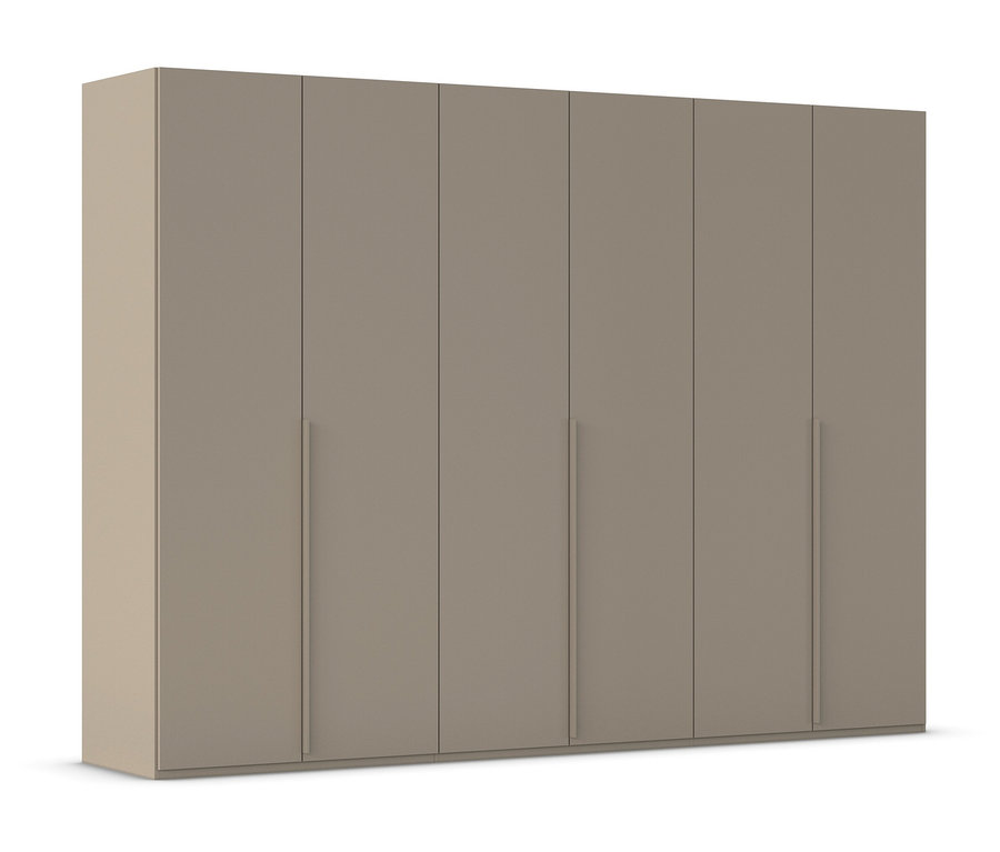 Sechs beige Schranktüren mit langen, schmalen Griffen sind in einer Reihe angeordnet.