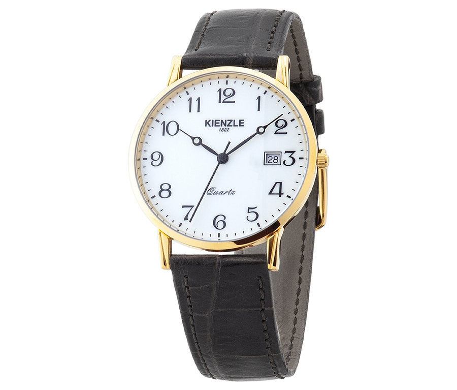 Nahaufnahme der Kienzle Uhr »Meister Klassik« in Goldfarbe mit schwarzem Lederarmband und weißem Zifferblatt.