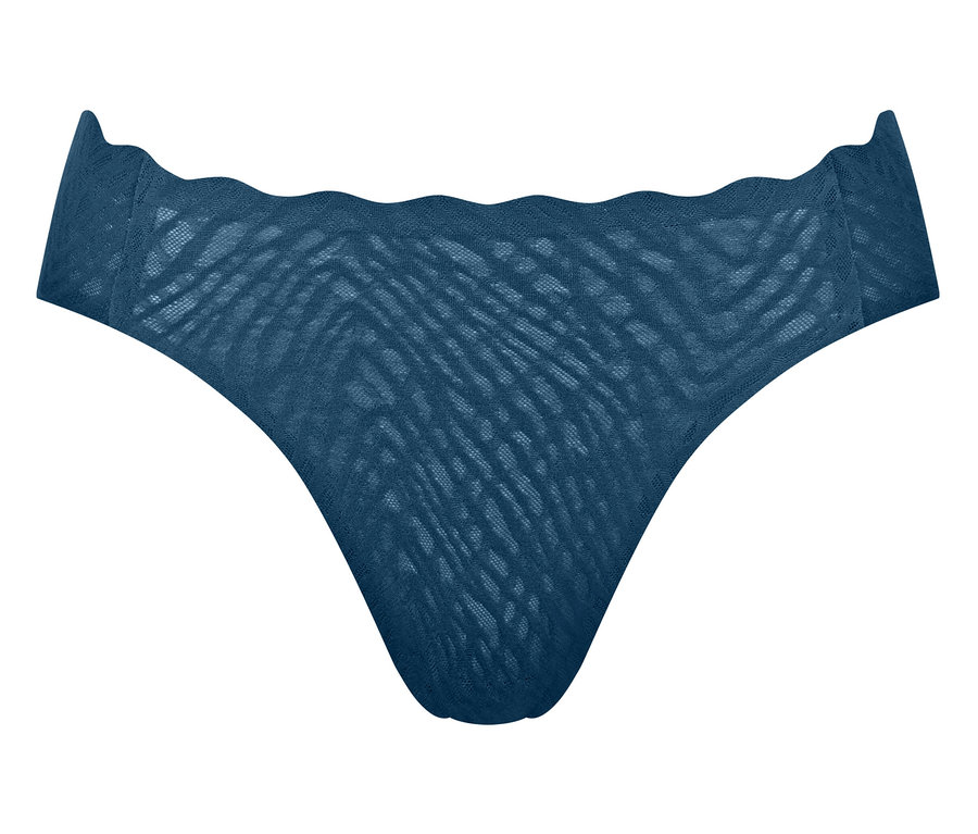 Dunkelblauer, transparenter Stringtanga aus gemustertem Netzstoff mit gewelltem Bund.