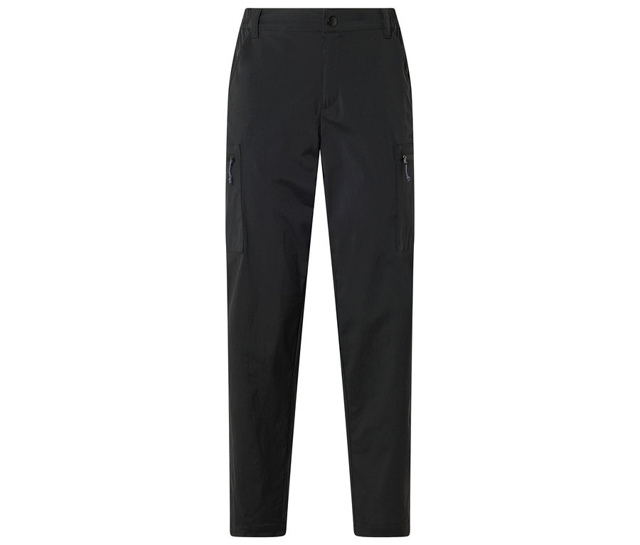 Schwarze Hose mit Reißverschlusstaschen an den Seiten, flach liegend auf weißem Hintergrund.