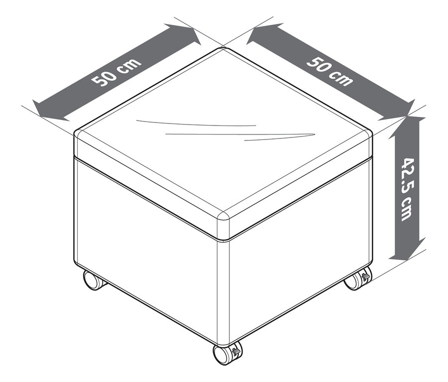 Draufsicht auf einen skizzenhaften Pouf mit Rollen und Tablett, der 50 cm x 50 cm breit und 42,5 cm hoch ist.
