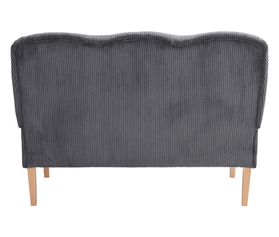 Rückansicht eines grauen Cordsofas mit Holzbeinen.