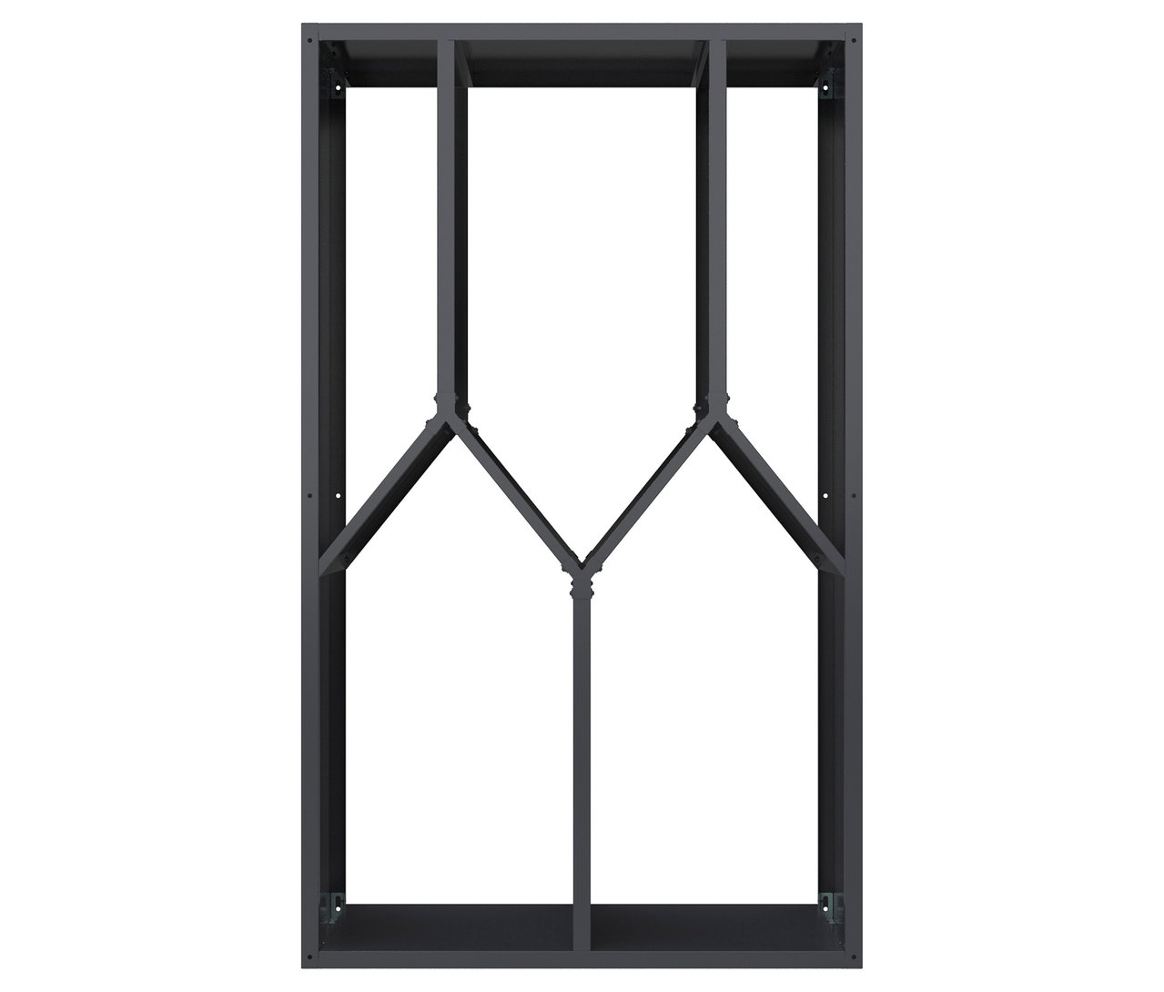 Dunkelgraues, rechteckiges Regal mit geometrischen Fächern.