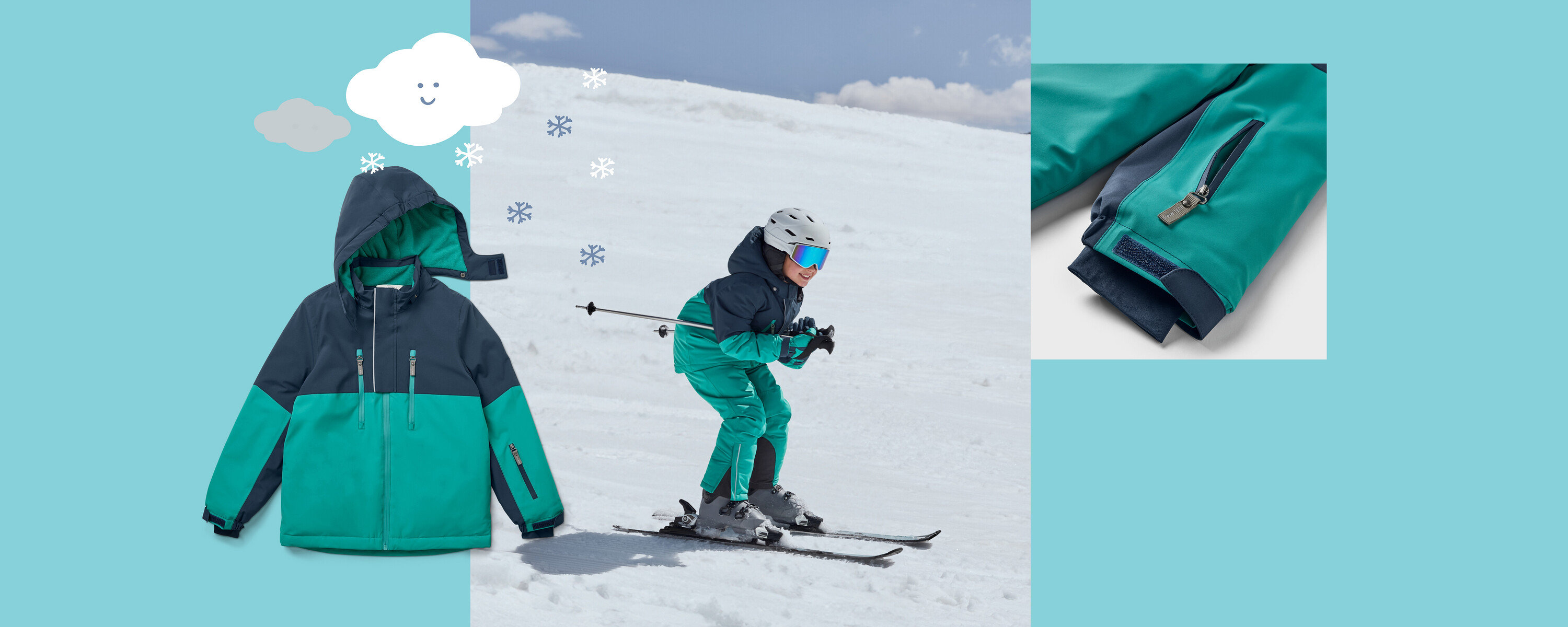 Ein Kind fährt auf Skiern einen schneebedeckten Hang hinunter, gekleidet in eine blaugrüne Jacke und Hose. Links ist eine blaugrüne Jacke abgebildet und rechts die Detailansicht einer Ärmeltasche.