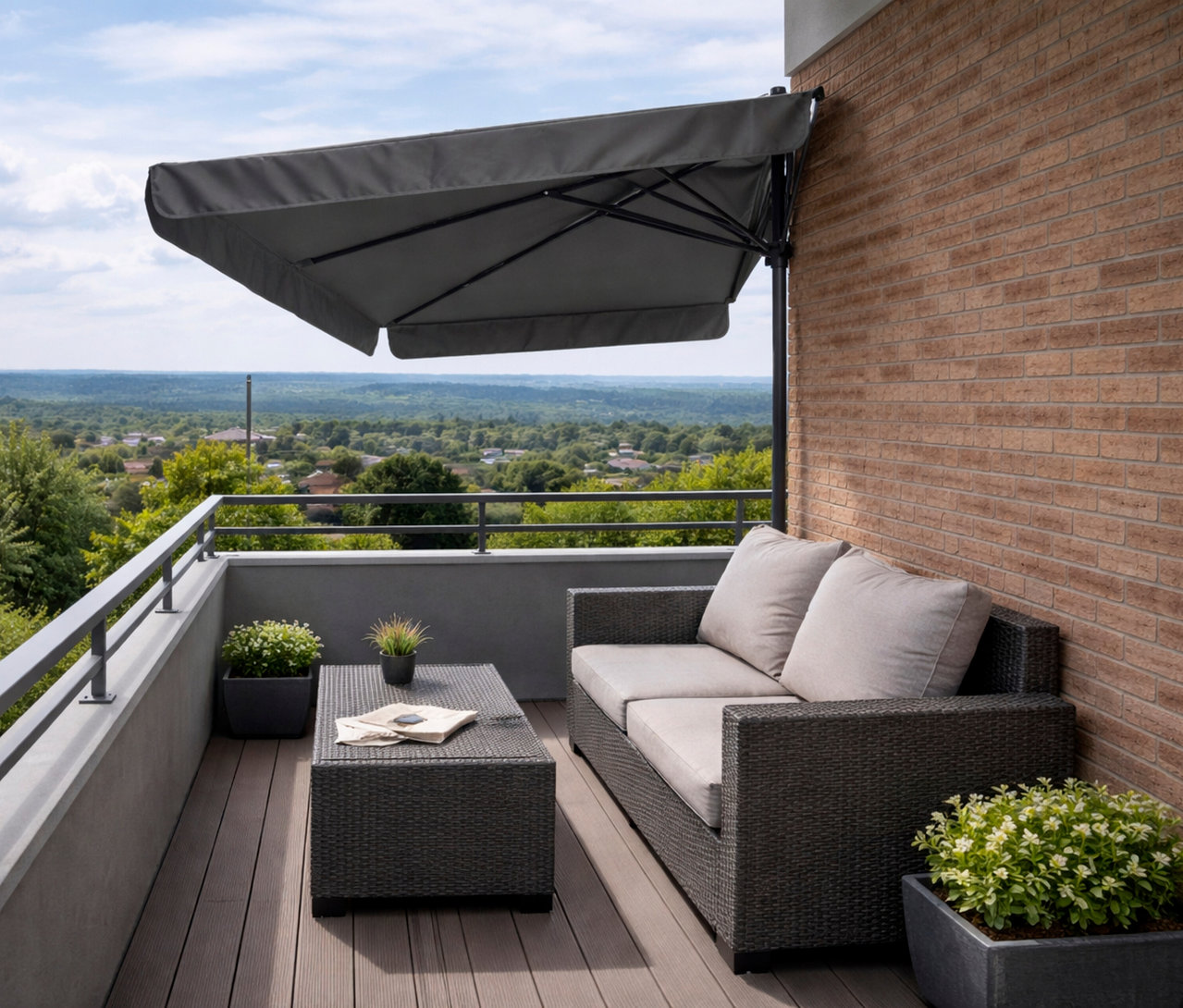 Ein graues Sofa und ein Tisch stehen auf einem Balkon mit Blick auf eine grüne Landschaft.