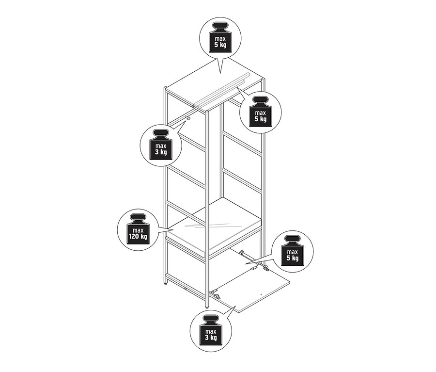 Schema einer Garderobe »GRADE« mit Sitzbank und Polster, Belastungsgewichte sind angegeben.