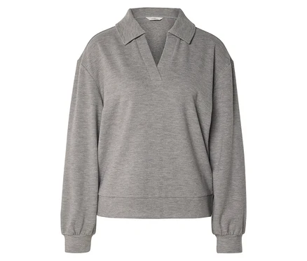 Graues, langärmeliges Sweatshirt mit Kragen und V-Ausschnitt.
