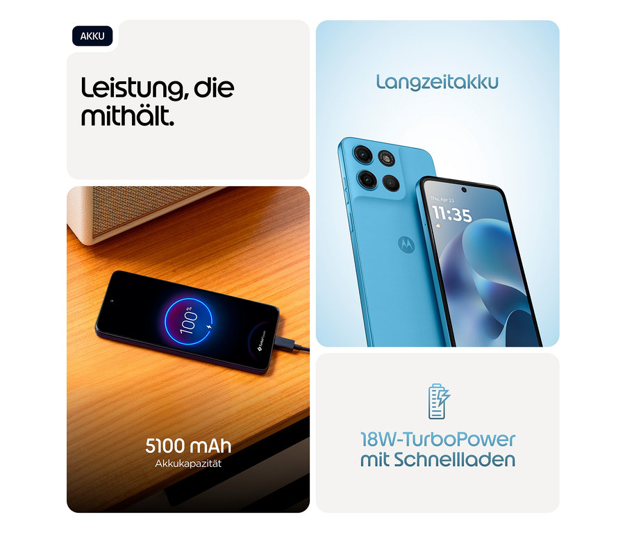 Das blaue Motorola moto g17 LTE mit 128GB wird geladen und zeigt 100% Akkustand.