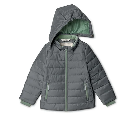 Graue, gesteppte Jacke mit Kapuze und grünen Akzenten an Reißverschlüssen, Bündchen und Kapuzeninnenseite.
