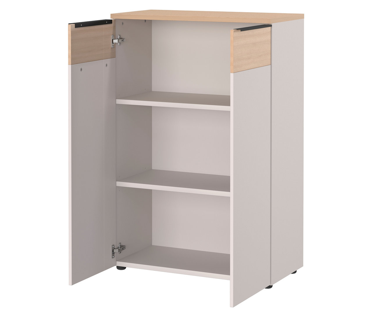 Der geöffnete, kleine Aktenschrank »Oviedo« ist weiß mit hellbraunen Akzenten und drei Regalböden.