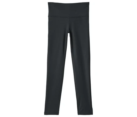 Dunkelgraue, knöchellange Leggings mit hohem Bund liegen auf einem weißen Hintergrund.