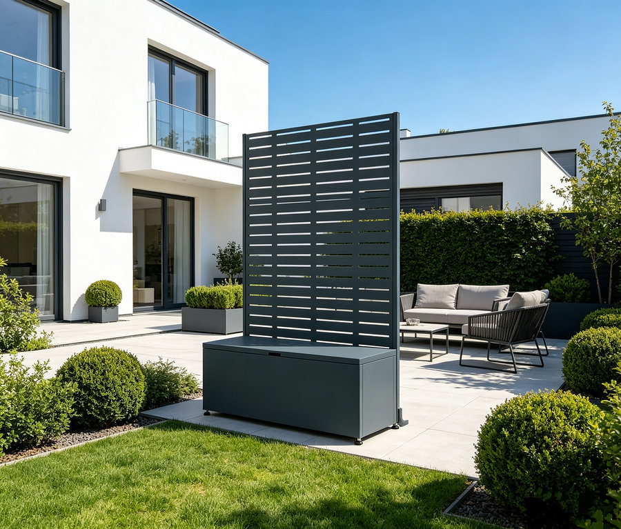 Ein moderner Außenbereich mit einem dunkelgrauen Sichtschutz mit horizontalen Lamellen, der in eine darunterliegende Aufbewahrungsbox integriert ist. Der Sichtschutz steht auf einer hellen Terrasse neben einem grünen Rasen. Im Hintergrund sind ein weißes, modernes Haus mit großen Fenstern und Balkon sowie eine Sitzgruppe mit Sofa, Sessel und Couchtisch zu sehen.