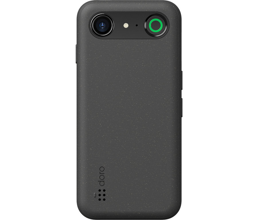 Detailansicht der Rückseite eines graphitfarbenen Doro Aurora A10 64 GB Telefons.