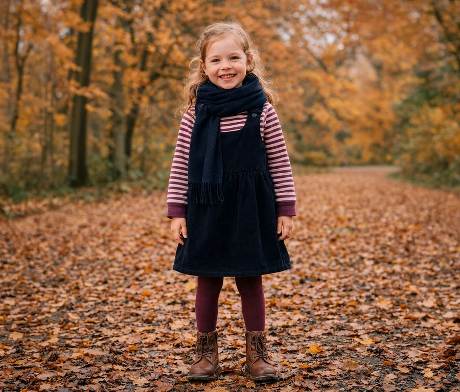 Lächelndes kleines Mädchen steht auf einem mit Herbstblättern bedeckten Weg in einem Wald. Sie trägt ein gestreiftes Oberteil, ein blaues Kleid, einen Schal, bordeauxrote Strumpfhosen und braune Stiefel.