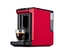 Roter und schwarzer »Esperto mini« Kaffeevollautomat, Lovely Red, der Kaffee in eine klare Glastasse füllt.