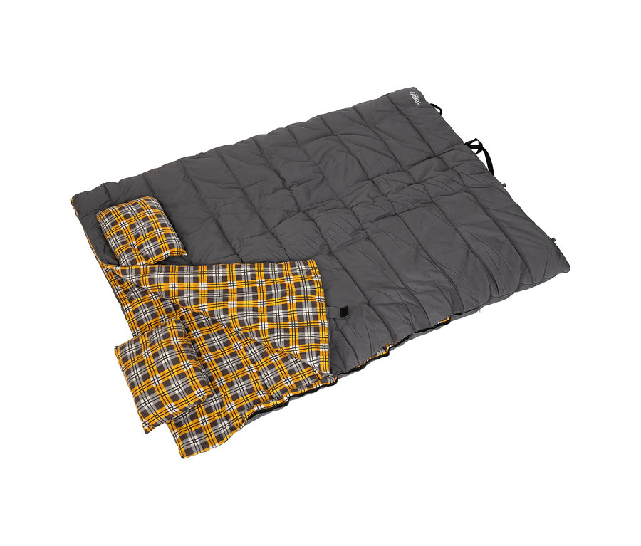 Dunkelgrauer XXL-Doppelschlafsack mit gelb, schwarz und weiß kariertem Futter und integrierten Kissen.